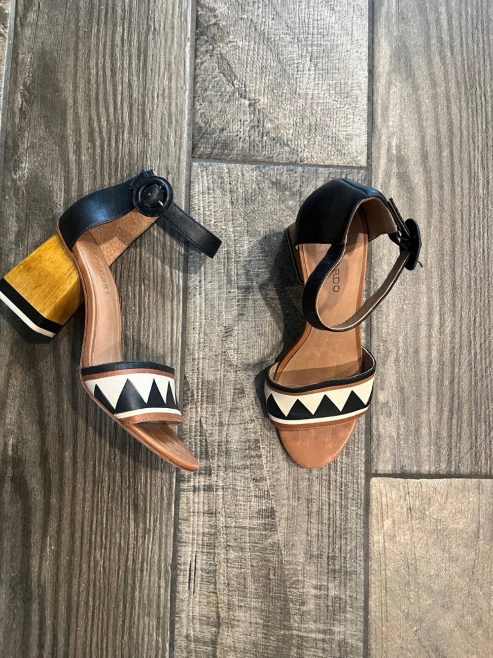 Bernardo Geometric Pattern Black & White leather Block 3”Heel Sandals